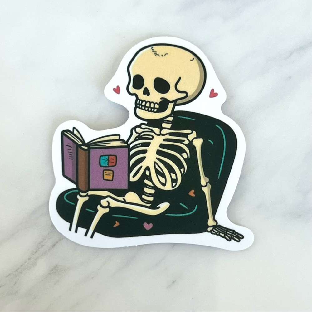 5/$10 Waterproof Vinyl Stickers Skeleton Reading in Book Nook